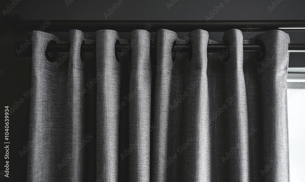 Black curtain rod holding gray curtains with grommets