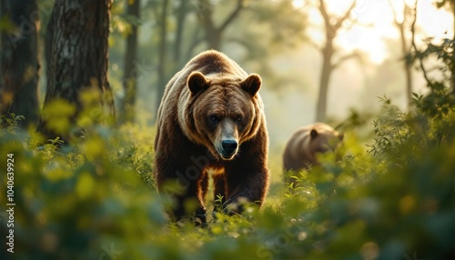 En quête de nourriture, le grizzli arpente le sentier, ses puissantes pattes écrasant les feuilles humides, tandis que les odeurs de la forêt luxuriante l'attirent. photo