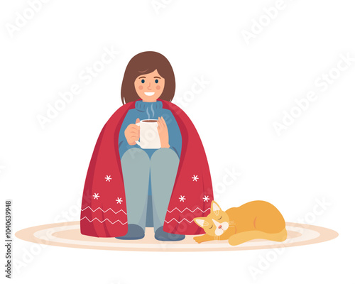 Happy girl with hot drink under warm blanket. Cozy Winter at home. Female Character in Snowy winter season or cold weather. Vector illustration isolated on white background.