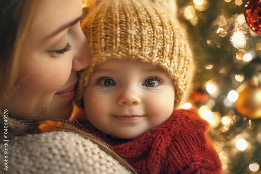 A mother and her baby smile warmly while dressed in matching cozy knit hats and sweaters, standing in front of a beautifully lit Christmas tree. A mother and her baby smile warmly while dressed in matching cozy knit hats and sweaters, standing in front of a beautifully lit Christmas tree.