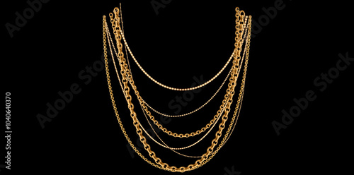 Multilayer Trendy Gold Chains Necklace On Black Background, Unique Fine Jewelry Vector Illustration.	