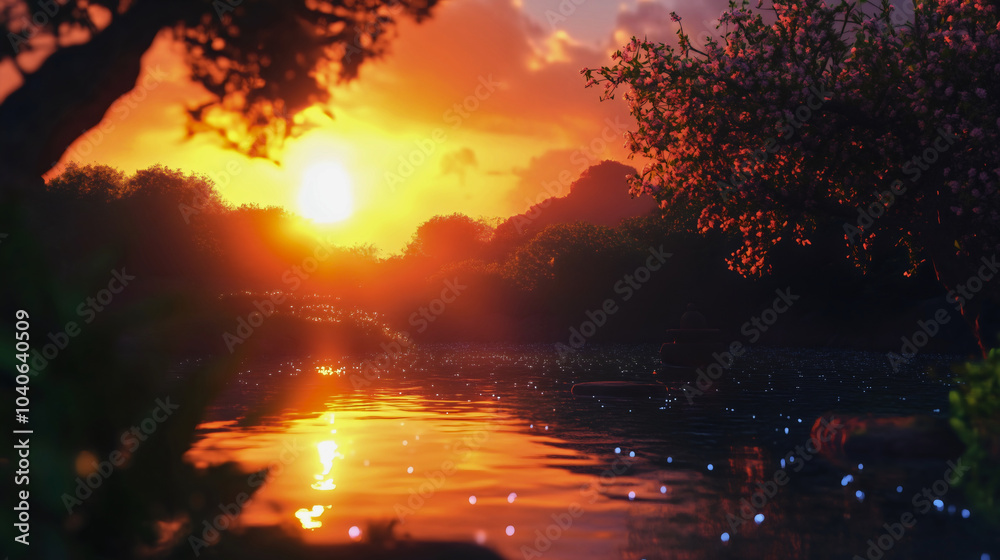 Sunrise over a tranquil lake in summer, with colorful reflections on the water and sunlight filtering through trees, peaceful outdoor landscape scene captures calm nature's serene beauty in morning