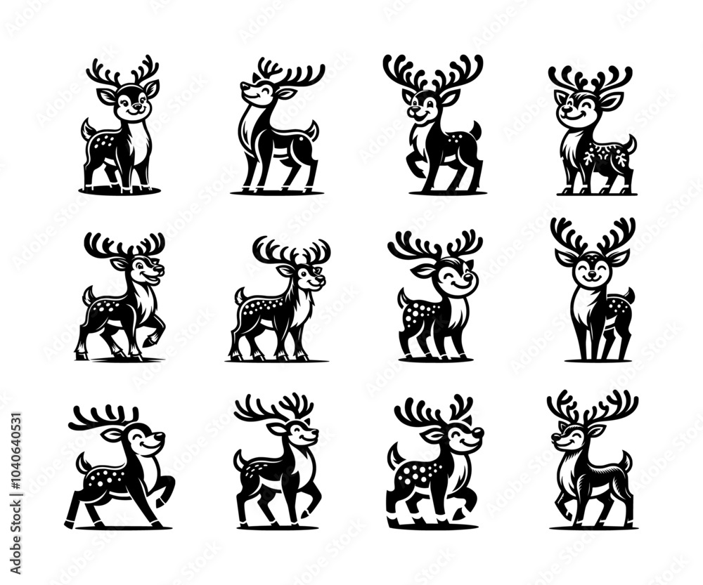 Fototapeta premium A set of cheerful reindeer silhouette cartoon vector illustrations, isolated on a white and transparent background.