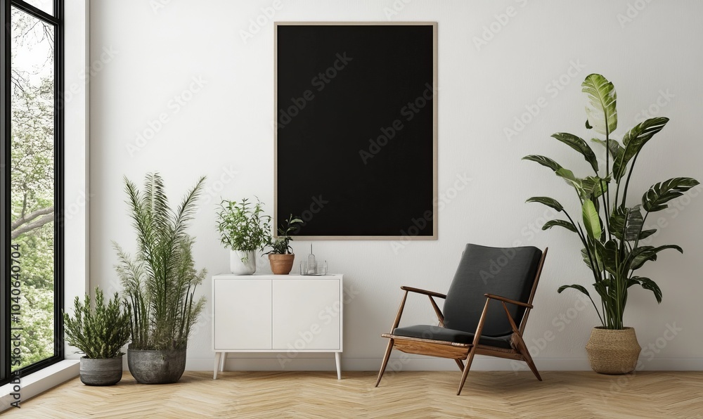 Black poster above a cabinet and chair in a simple white teenager s room interior with plants Authentic photograph