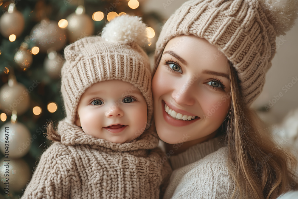 A mother and her baby smile warmly while dressed in matching cozy knit hats and sweaters, standing in front of a beautifully lit Christmas tree. A mother and her baby smile warmly while dressed in matching cozy knit hats and sweaters, standing in front of a beautifully lit Christmas tree.