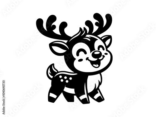 Cheerful baby reindeer silhouette cartoon vector illustration, isolated on a white and transparent background.