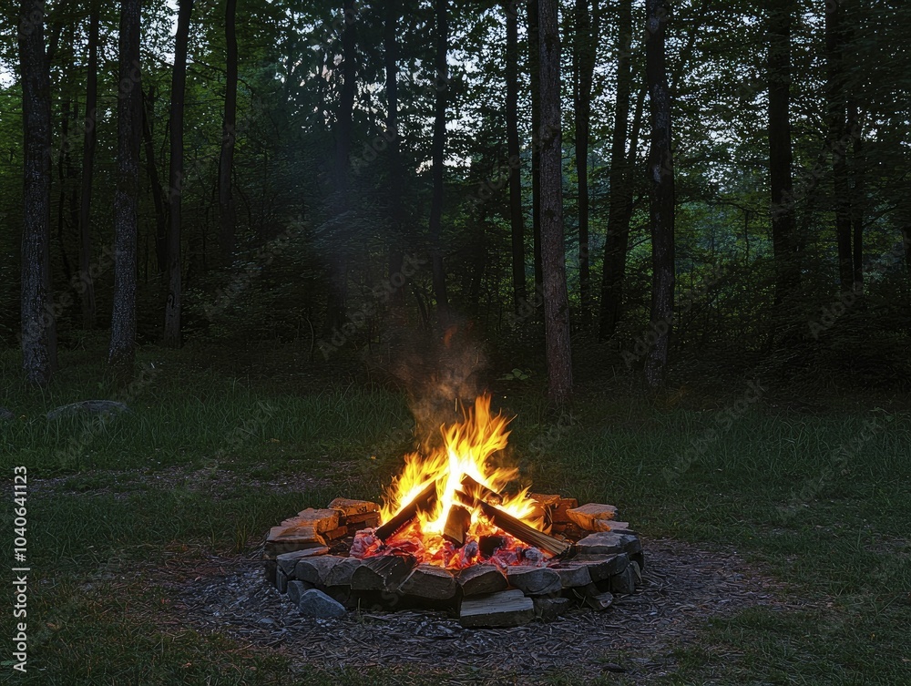 A glowing campfire in a forest clearing at dusk, radiating warmth, camaraderie, and a deep bond with nature, surrounded by flickering shadows. A glowing campfire in a forest clearing at dusk, radiating warmth, camaraderie, and a deep bond with nature, surrounded by flickering shadows.