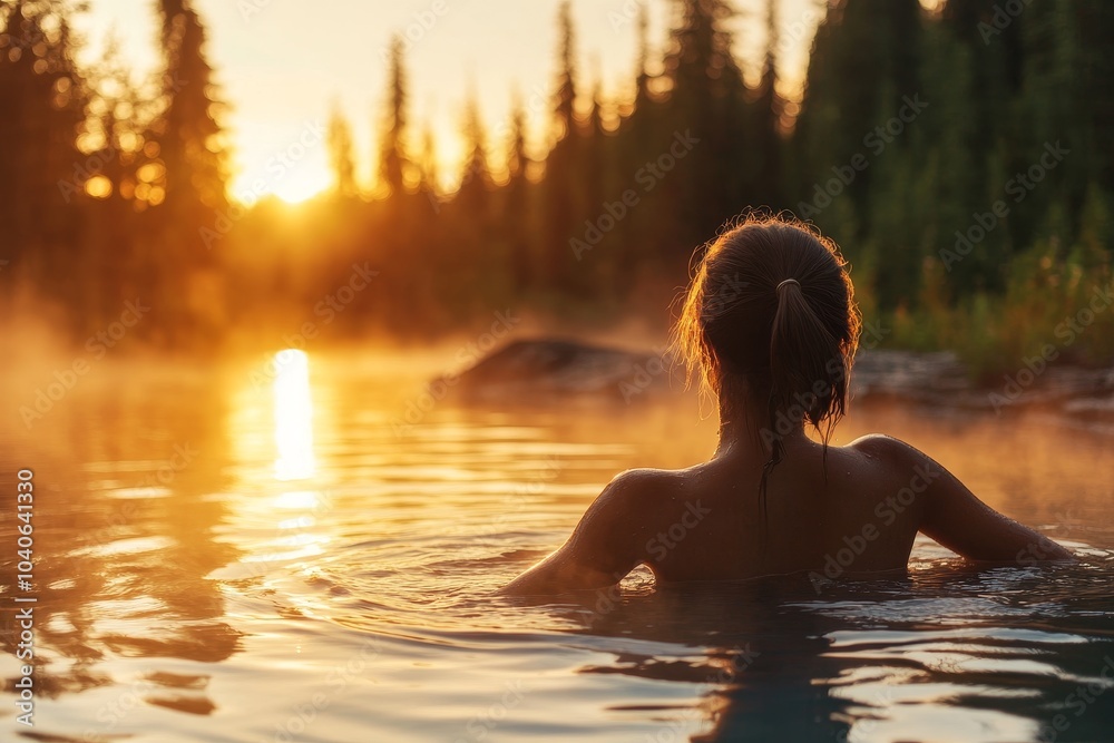 Relaxing in a hot spring at sunset surrounded by forested mountains and mist rising from the water creates a tranquil atmosphere Relaxing in a hot spring at sunset surrounded by forested mountains and mist rising from the water creates a tranquil atmosphere