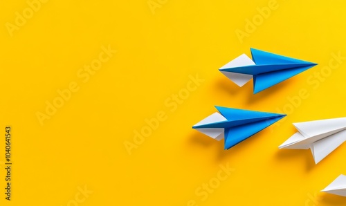 Business concept for new ideas creativity and innovative solution, Group of white paper plane in one direction and one blue paper plane pointing in different way on yellow background