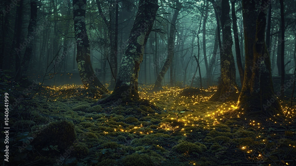 Fototapeta premium A forest where the ground is covered in glowing moss, lighting up the trees in an eerie glow