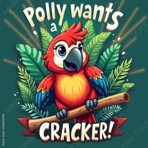 Cute Cartoon Parrot Saying Polly Wants a Cracker Design photo