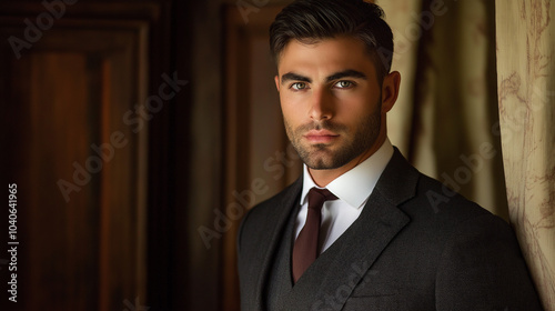 Handsome brunette man in a tailored suit with a serious expression in a classic environment