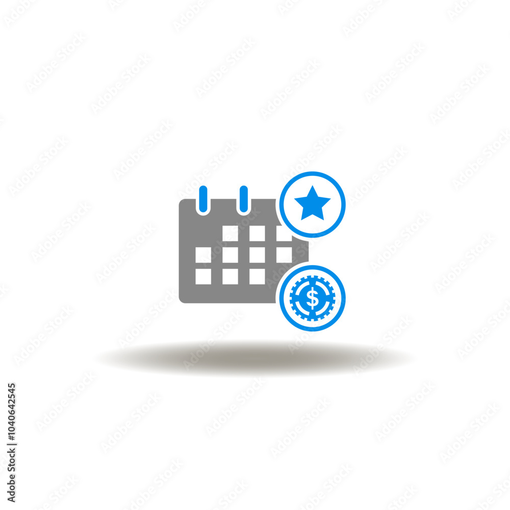 Vector illustration of calendar with star and cash coin. Symbol of monthly purchase. Vector illustration of calendar with star and cash coin. Symbol of monthly purchase.