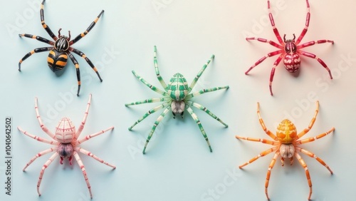 Set of spiders different colors, haloween postcard or banner concept, light background