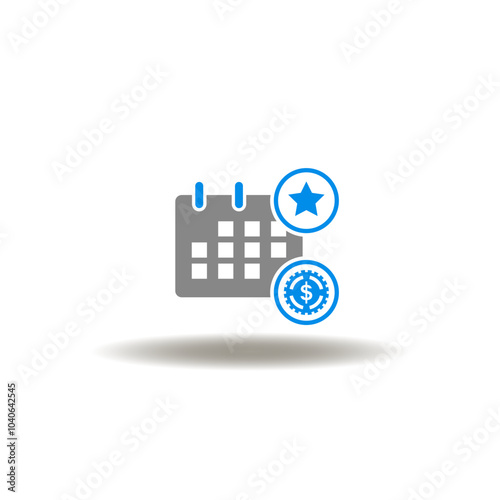 Vector illustration of calendar with star and cash coin. Symbol of monthly purchase.