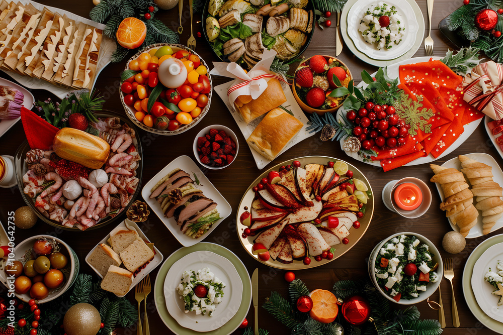 Overhead view of traditional Christmas food feast featuring meats, stews, fish, soups, and vegetables for a holiday family gathering Overhead view of traditional Christmas food feast featuring meats, stews, fish, soups, and vegetables for a holiday family gathering