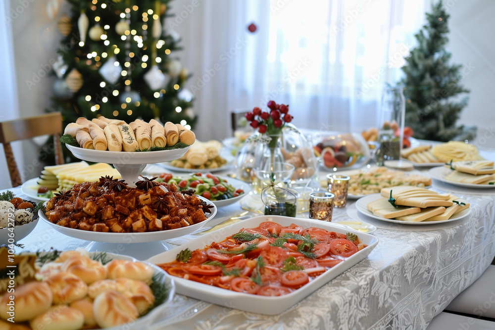 Traditional Christmas food dinner table filled with festive dishes like meats, broths, soups, vegetables, fish, and hearty stews