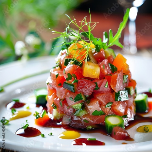 Tuna Tartar, Tatar or Tar-Tar, Chopped Red Fish Fillet, Vegetables and Greens on White Plate