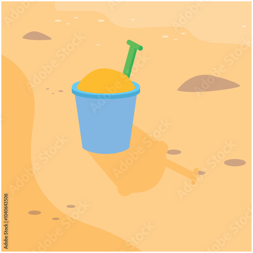 Flat vector illustration of a blue sand bucket with green shovel on a sunny beach, representing playful summer activities for kids and beachside fun