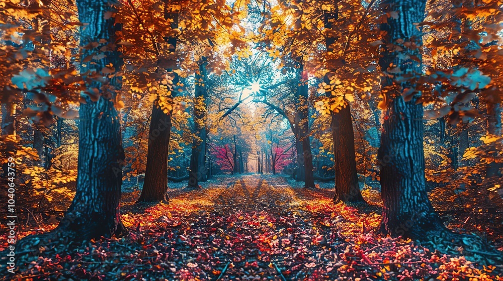 Fototapeta premium A forest where the leaves shimmer and change color with every breeze, creating a living kaleidoscope