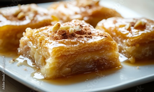 Close up of traditional almond briouats with honey coating and cinnamon orange flower water filling