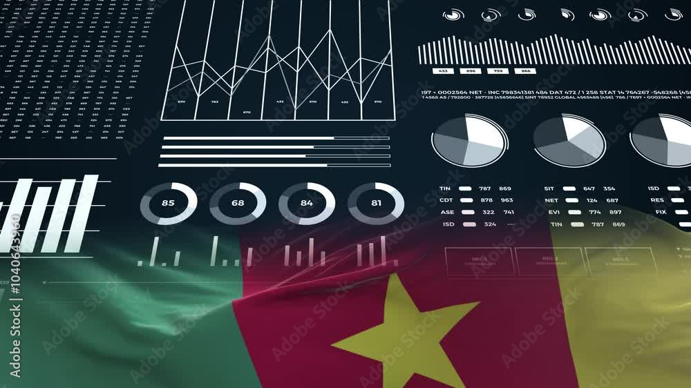 Cameroon flag - Waving flag on report analytics data statement Cameroon flag - Waving flag on report analytics data statement