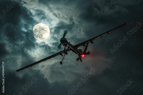 A small military drone flying in the rainy sky, with the moon visible below it against a rainy sky. 