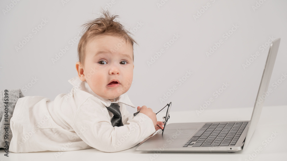 A cute child wearing a suit holds glasses and lies behind a laptop. A cute child wearing a suit holds glasses and lies behind a laptop.