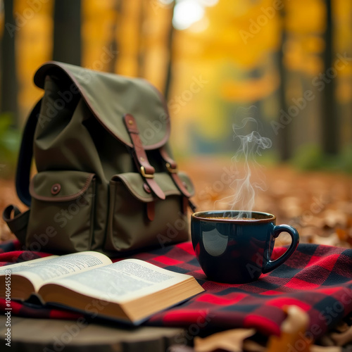 cup of coffee on a plaid blanket next to a backpack and a book lying on a bench in an autumn park photo