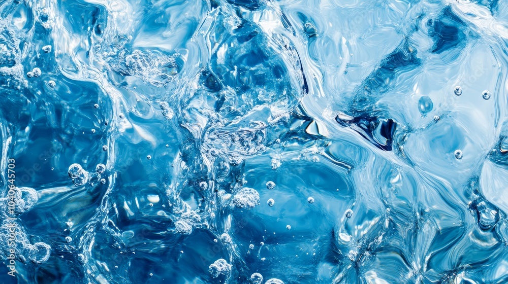 Abstract summer banner featuring rippled texture of transparent blue water surface with bubbles