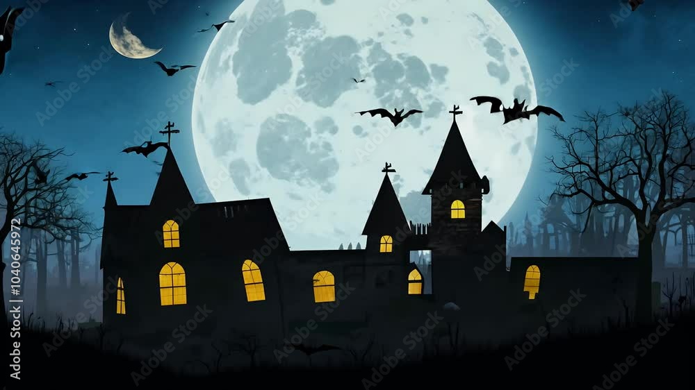 spooky Halloween scene featuring flying bats circling full moon eerie old castle silhouette haunted house set dark night sky presented 4K bat cinematic dracula holiday pumpkin scarey