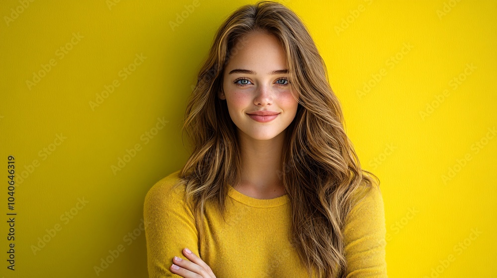 a young woman with long hair, standing with her arms crossed and pointing to the left. The background is a solid bright yellow 