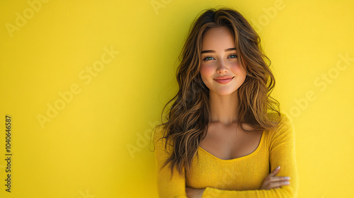 a young woman with long hair, standing with her arms crossed and pointing to the left. The background is a solid bright yellow 