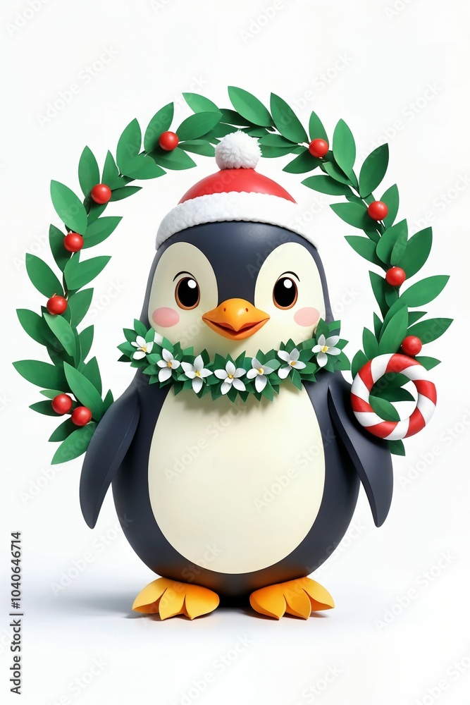 Fototapeta premium Greeting Card Design with Christmas Penguin and Wreath, 3D