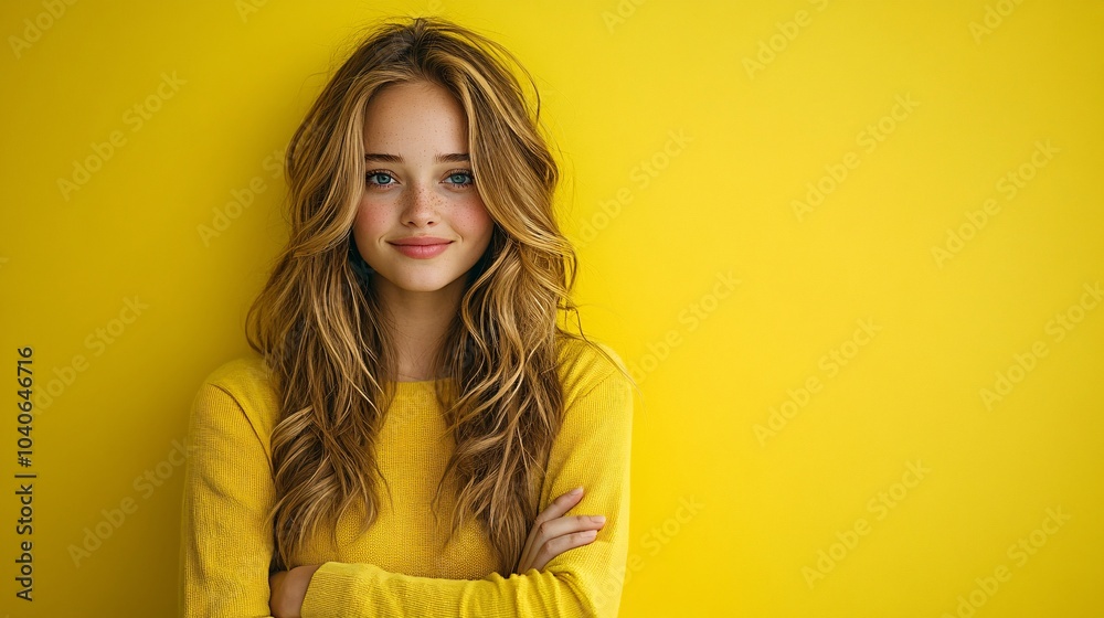 a young woman with long hair, standing with her arms crossed and pointing to the left. The background is a solid bright yellow 