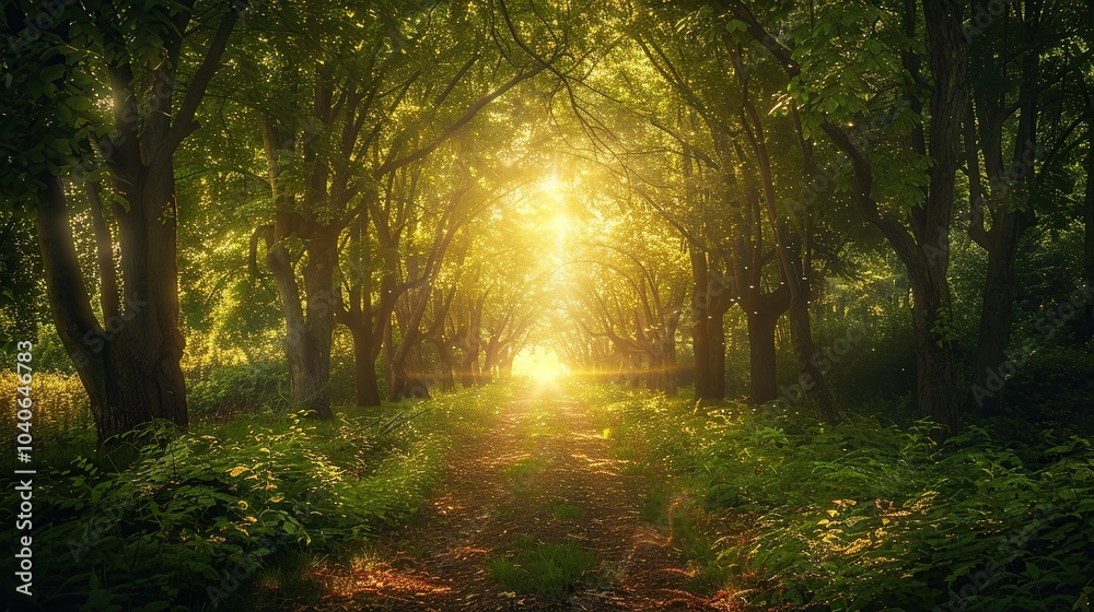 Obraz premium A forest with trees that glow with an internal light, illuminating the path ahead