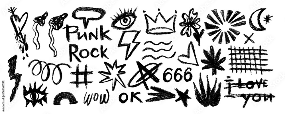 Fototapeta premium Vector set charcoal graffiti doodle punk and girly shapes . Hand drawn abstract scribbles and squiggles, various shapes . Scribbles, scrawls, stars, crown, punk, rock, moon, curly lines.
