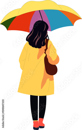 girl in yellow raincoat under colorful umbrella