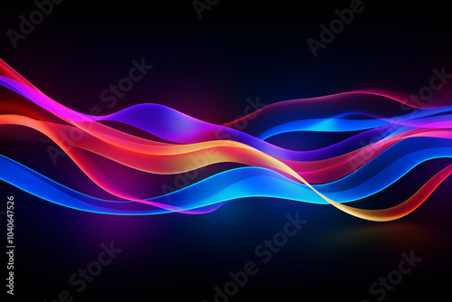 Neon waves, colorful curved lines, music and cyber style on black background. Concept template for backgrounds, wallpapers and overlays. New Year and holiday style, sparkling highlights