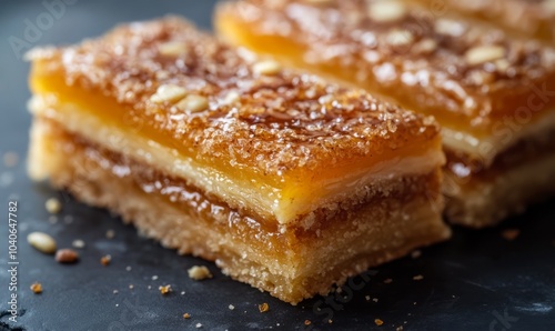 Close up of traditional almond briouats with honey coating and cinnamon orange flower water filling photo