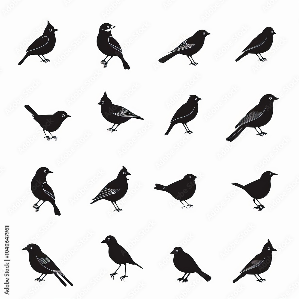 Bird icon set, black and white sparrow symbols, bird sign collection, wild animal pictograms on white Bird icon set, black and white sparrow symbols, bird sign collection, wild animal pictograms on white