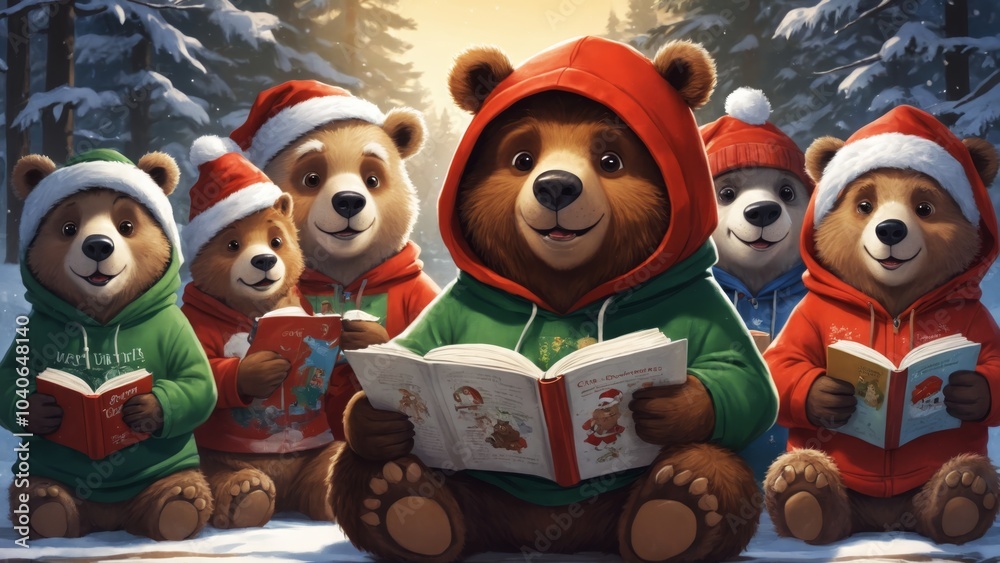 Obraz premium A cozy gathering of bears enjoying storytime by the fireplace during the holiday season
