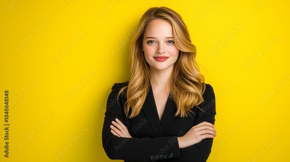 a young woman with long hair, standing with her arms crossed and pointing to the left. The background is a solid bright yellow a young woman with long hair, standing with her arms crossed and pointing to the left. The background is a solid bright yellow