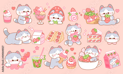 Cute little cats sweets. Strawberry desserts and drinks, fruit milk and sweet food. Cartoon stickers, Animal character design tidy vector isolated set. Kawaii style collection.