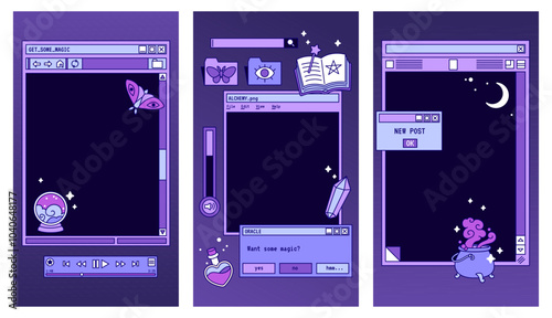 Dark mysterious stories template. Social media set design. Magical, witchy aesthetics cute kawaii backgrounds pack. Old computer elements, windows, icons.
