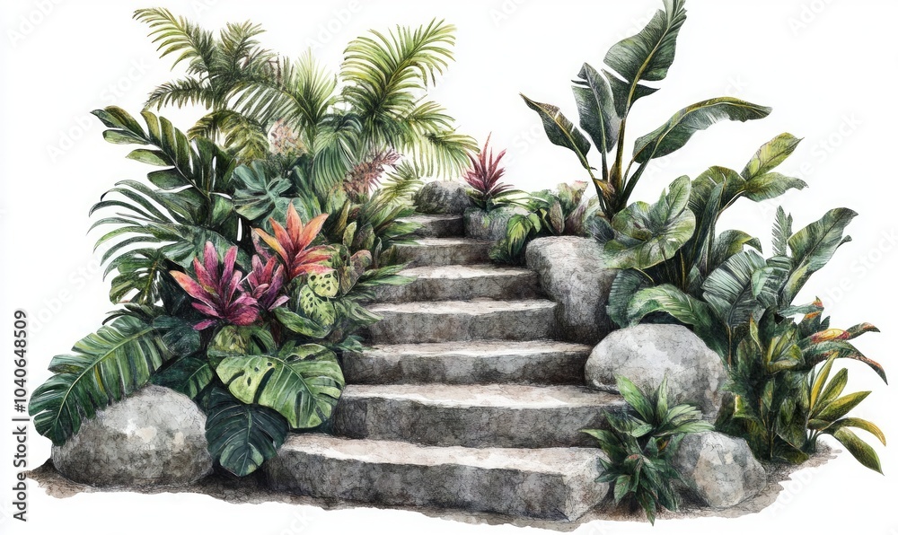 Stone steps and tropical plants, Stone steps and tropical plants,