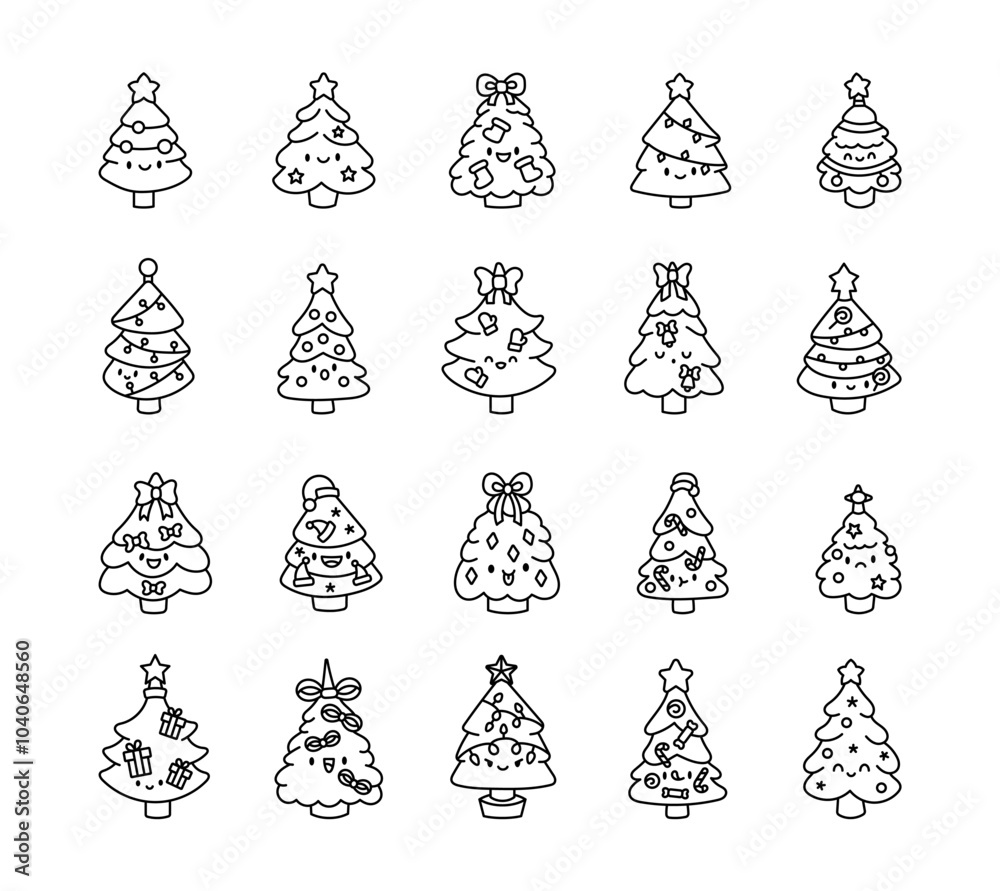 Cute kawaii new year tree. Coloring Page. Holiday decorated character. Hand drawn style. Vector drawing. Collection of design elements. Cute kawaii new year tree. Coloring Page. Holiday decorated character. Hand drawn style. Vector drawing. Collection of design elements.