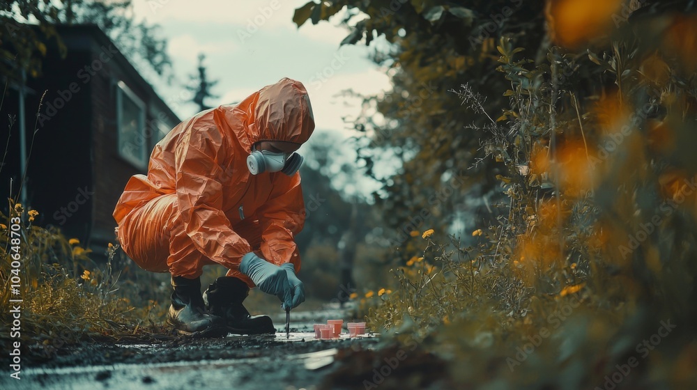 Obraz premium Scene of an investigator collecting evidence in gloves and protective gear