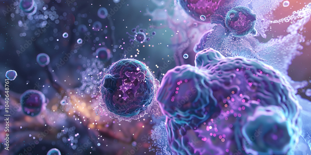 Cells under microscope displaying active multiplication process, Scientific visual of cell division and interactions at microscopic level Cells under microscope displaying active multiplication process, Scientific visual of cell division and interactions at microscopic level