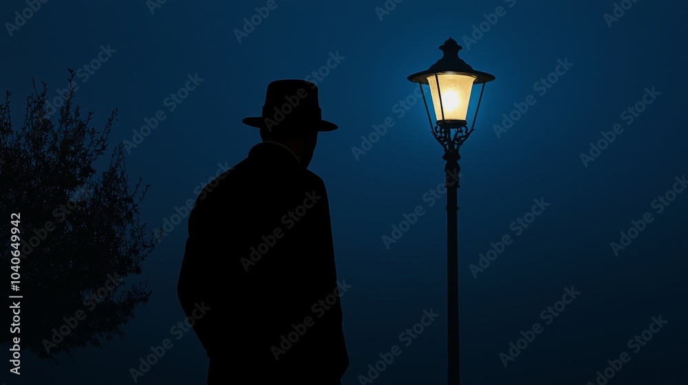 Obraz premium Silhouette of a detective in a fedora, standing under a streetlamp at night